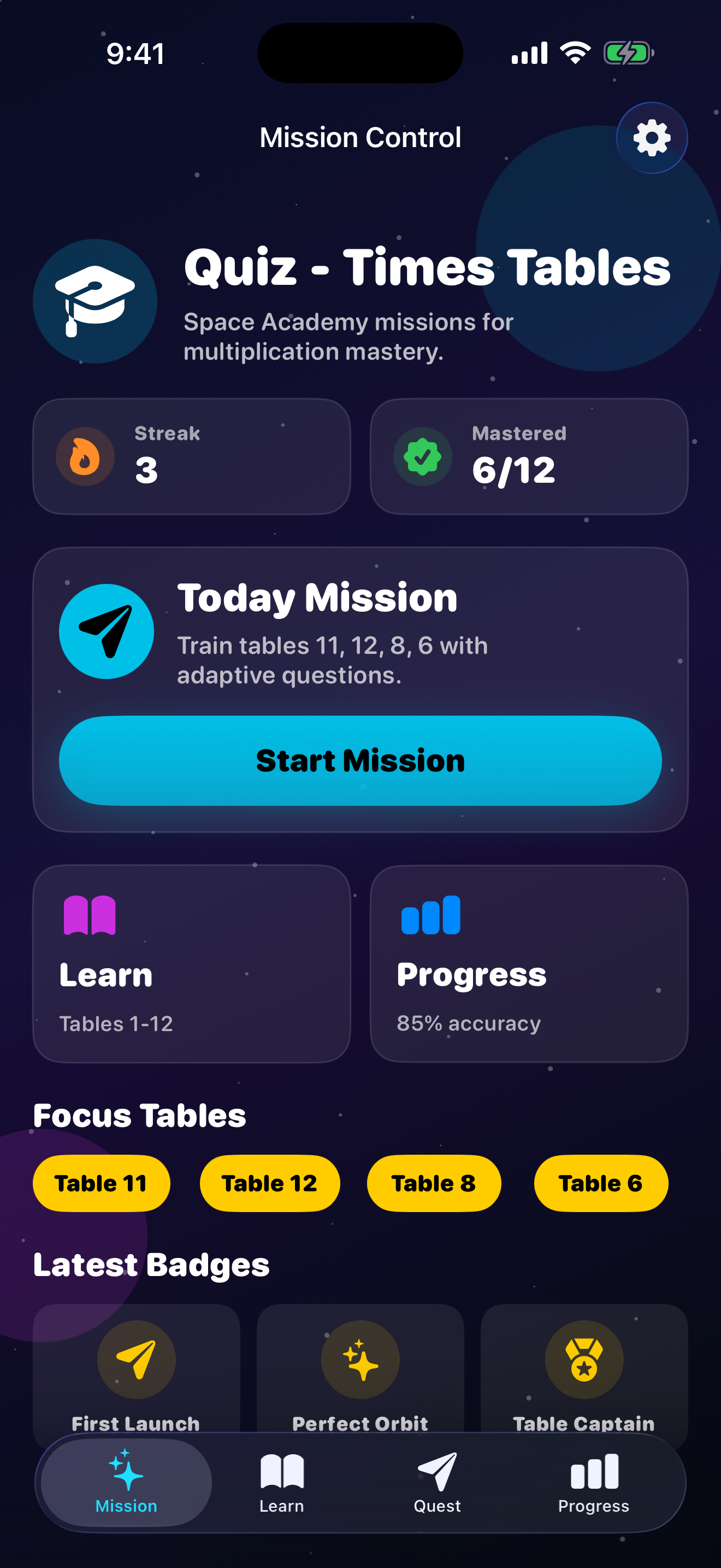 Mission Control dashboard showing streak, mastered tables, focus tables, and badges.